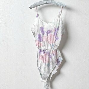 Vintage 80s Floral Romper Teddy Slip Pastel Lingerie Bodysuit Fairycore L